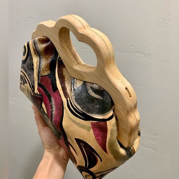 Abstract Print Cowhide Leather Handmade Wooden Frame Bag Includes 2 Strap Styles - Picture 12 of 16